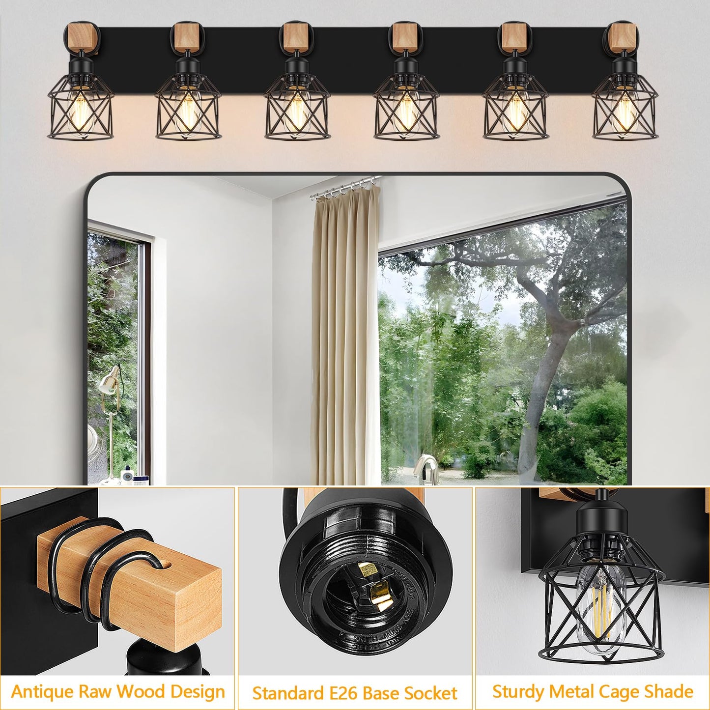 Fadimikoo 6-Light Farmhouse Bathroom Lighting Fixtures  Wood Black Vanity Lights Over Mirror  Rustic Wall Sconces Lighting With Metal Lampshade  Vintage Wall Lights For Bedroom  Living Room  Hallway