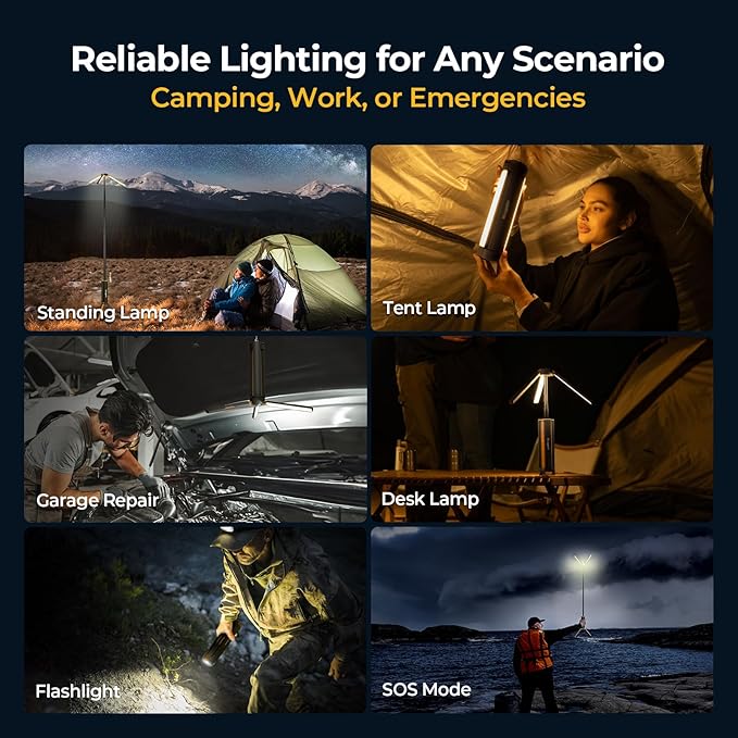 BougeRV Telescopic Camping Light, 15600mAh Collapsible Outdoor Light, Rotatable Electric Lantern, IP54 Waterproof Flashlight, Cordless Camping Tent Lamp for Emergency, Camping, Hiking(Black)
