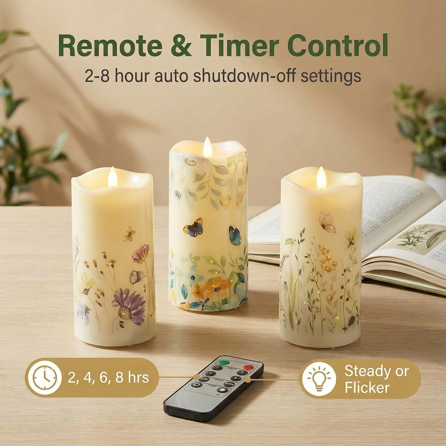 Eywamage Fiber Optic Flameless Pillar Candles with Remote Set of 3, Butterfly Floral Spring LED Candles Battery Operated Φ 3" H 6"