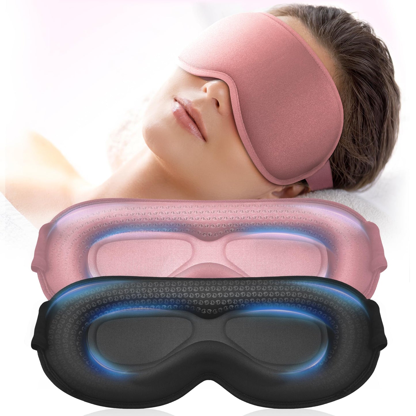 Weighted Eye Mask 2 Pack - 3D Contoured Sleep Masks for Women Men, Blackout Sleeping Eye Mask for Travel, Meditation, Airplane, Memory Foam, Adjustable Strap Pink Black