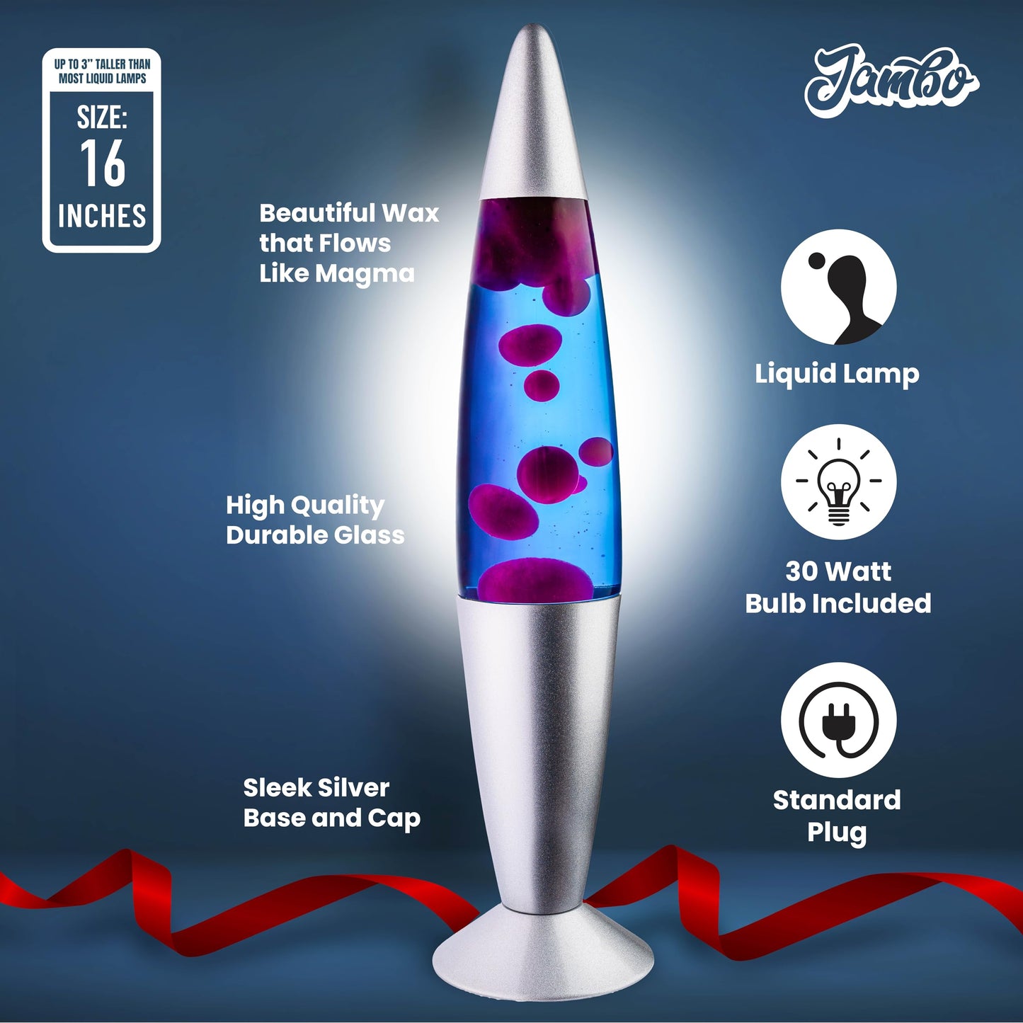 Jambo Magma Lamp - 16-Inch Relaxing Night Light, Blue Liquid, Purple Wax, Silver Base, Model 55002