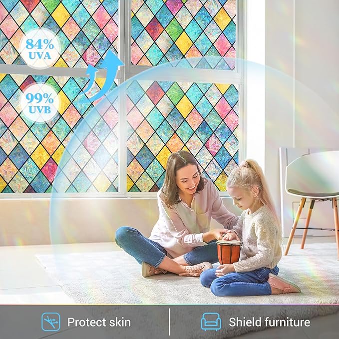Haton Stained Glass Window Film, Rainbow Window Privacy Film, Decorative Sun Blocking Glass Clings Stickers, Static Cling Colorful Lattice Coverings Decals for Home Door 23.6" x 118.1"