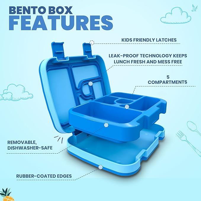 YOLAY Bento Box for Kids Lunch Box Leak-Proof, 5-Compartment Lunch Box Kids for Ages 3-10, Durable with Anti-Slip Base, Suitable for Schools, Outdoor and Travel (Mermaid) (Shark)