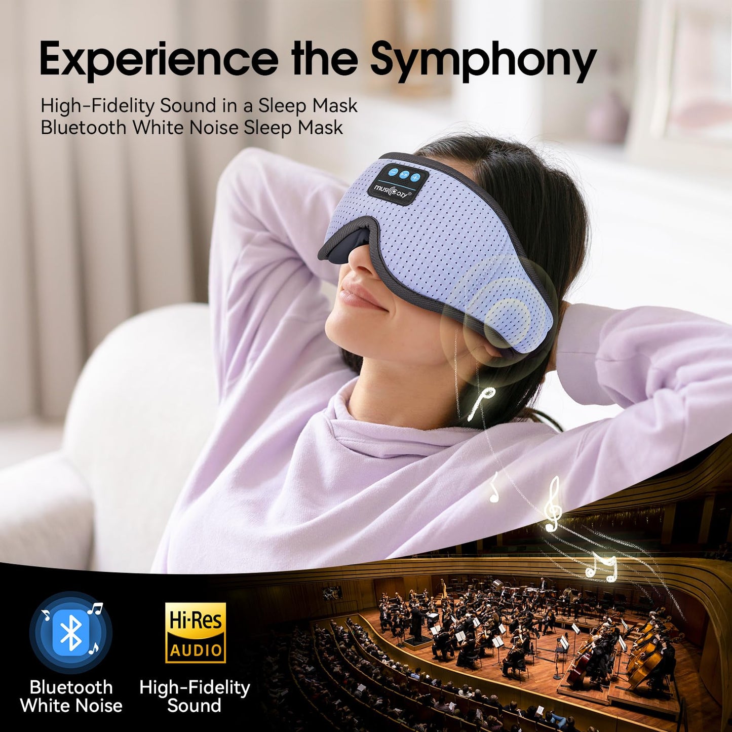 MUSICOZY White Noise Sleep Mask Headphones with 16 Soothing Sounds, Bluetooth Sleep Mask 3D Wireless Music Sleeping Headphones for Side Sleeper