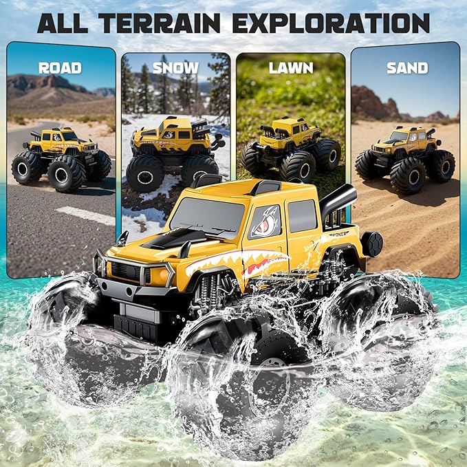 1:18 Waterproof Monster Trucks RC Cars,Amphibious Remote Control Cars 2.4G 4WD All Terrain Off-Road RC Hobby Vehicle Christmas Birthday Gifts for Kids Boys Girls 8 9 10 11 12+