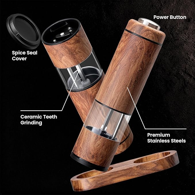 Electric Salt and Pepper Grinder Set, Automatic Salt and Pepper Grinder Set with Wood Base, Adjustable Coarseness, LED Light, One Handed Operation Electric Salt and Pepper Shakers(Wood Grain)