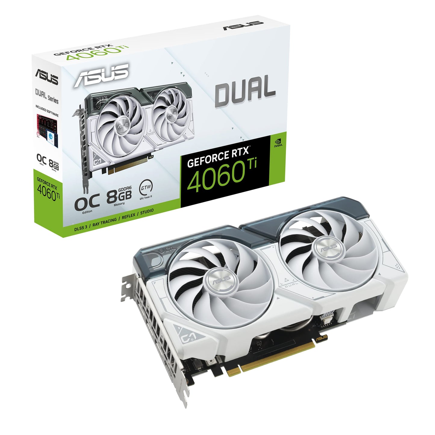 Asus Dual Geforce Rtx 4060 Ti White Oc Edition 8Gb Gddr6 (Pcie 4.0, 8Gb Gddr6, Dlss 3, Hdmi 2.1, Displayport 1.4A, Axial-Tech Fa