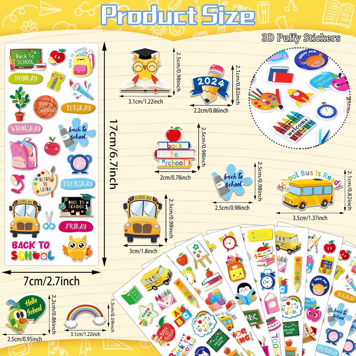 UPINS 12 Sheets Back to School 3D Cute Puffy Stickers - First Day of School Teacher Foam Stickers - Welcome Back Gifts for Students Classroom Reward DIY Crafts Decorations