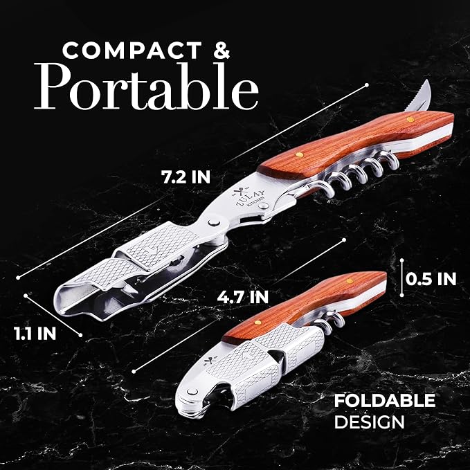 Zulay Kitchen Corkscrew Wine Opener - Premium 420 Stainless Steel & Rosewood Wine Bottle Opener - Double Hinged Opener with Foil Cutter & Cap Remover - Rosewood