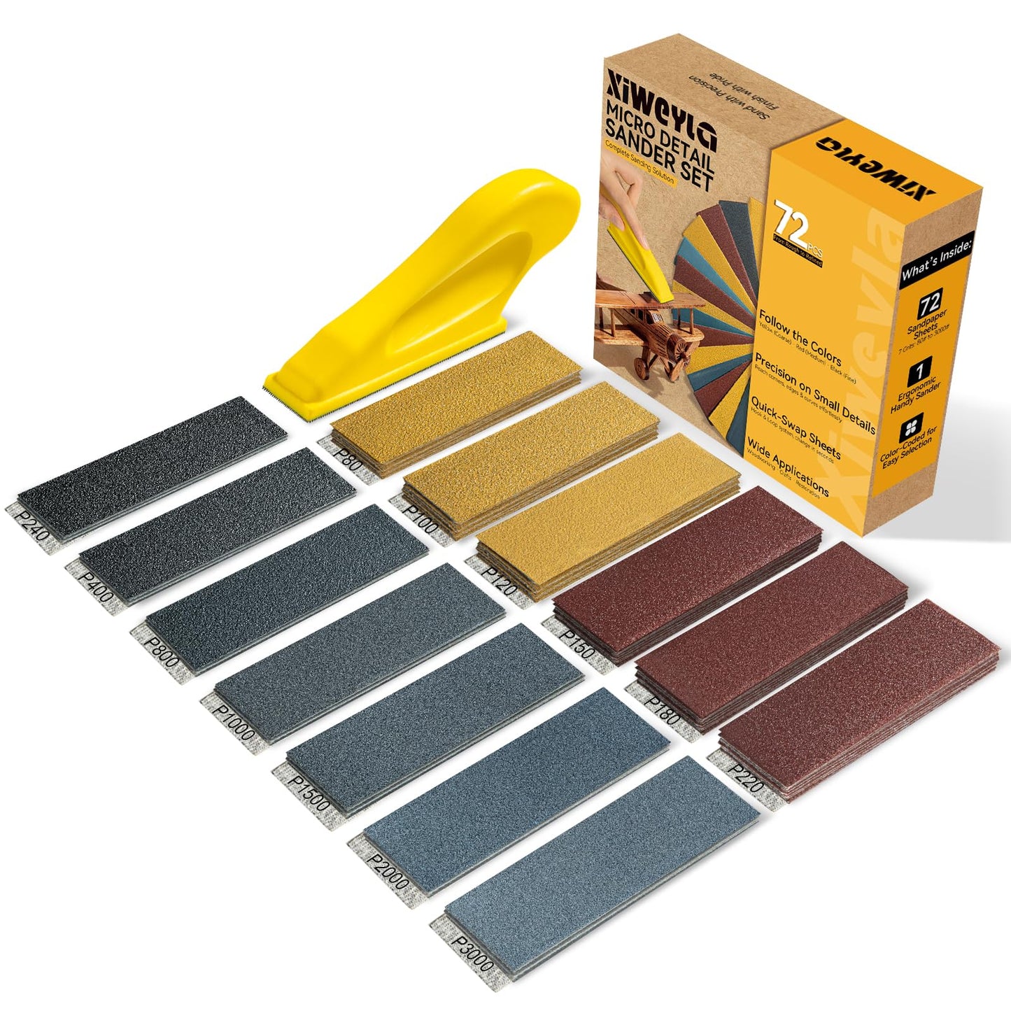 Christmas & Birthday Gift for DIY Lovers – XIWEYLA 72PCS Sandpaper Set with Ergonomic Hand Sander, Micro & Detail Sander, 13 Grit Levels 80–3000, Color-Coded Sandpaper for Wood, Crafts & Furniture