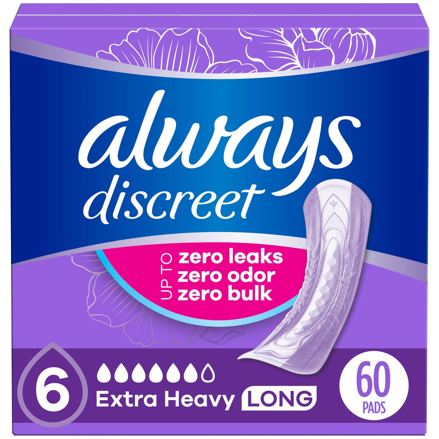Always Discreet Adult Incontinence Pads for Women, Extra Heavy Absorbency, Regular Length, Postpartum Pads, 60 Count