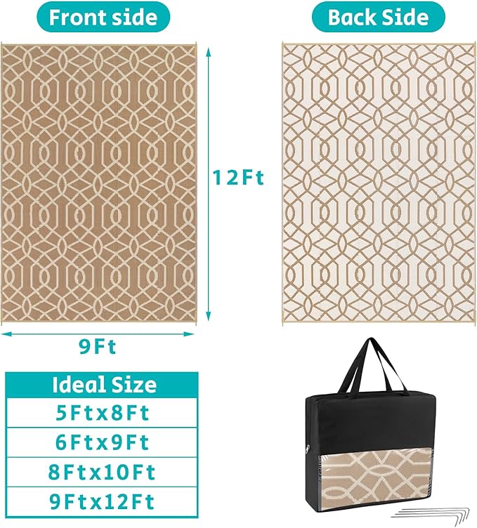 HEBE Outdoor Rug 9'x12' for Patios Waterproof Clearance Reversible Patio Mat Plastic Straw Rug RV Camping Mat Outside Area Rug Carpet for Camping RV,Porch,Deck,Balcony,Camper,Backyard