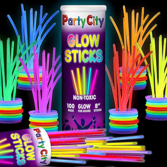 Party City 100 Glow Sticks Bulk Party Pack 8”– Neon Glow in the Dark Party Supplies, Glowsticks with Connectors Bracelets...