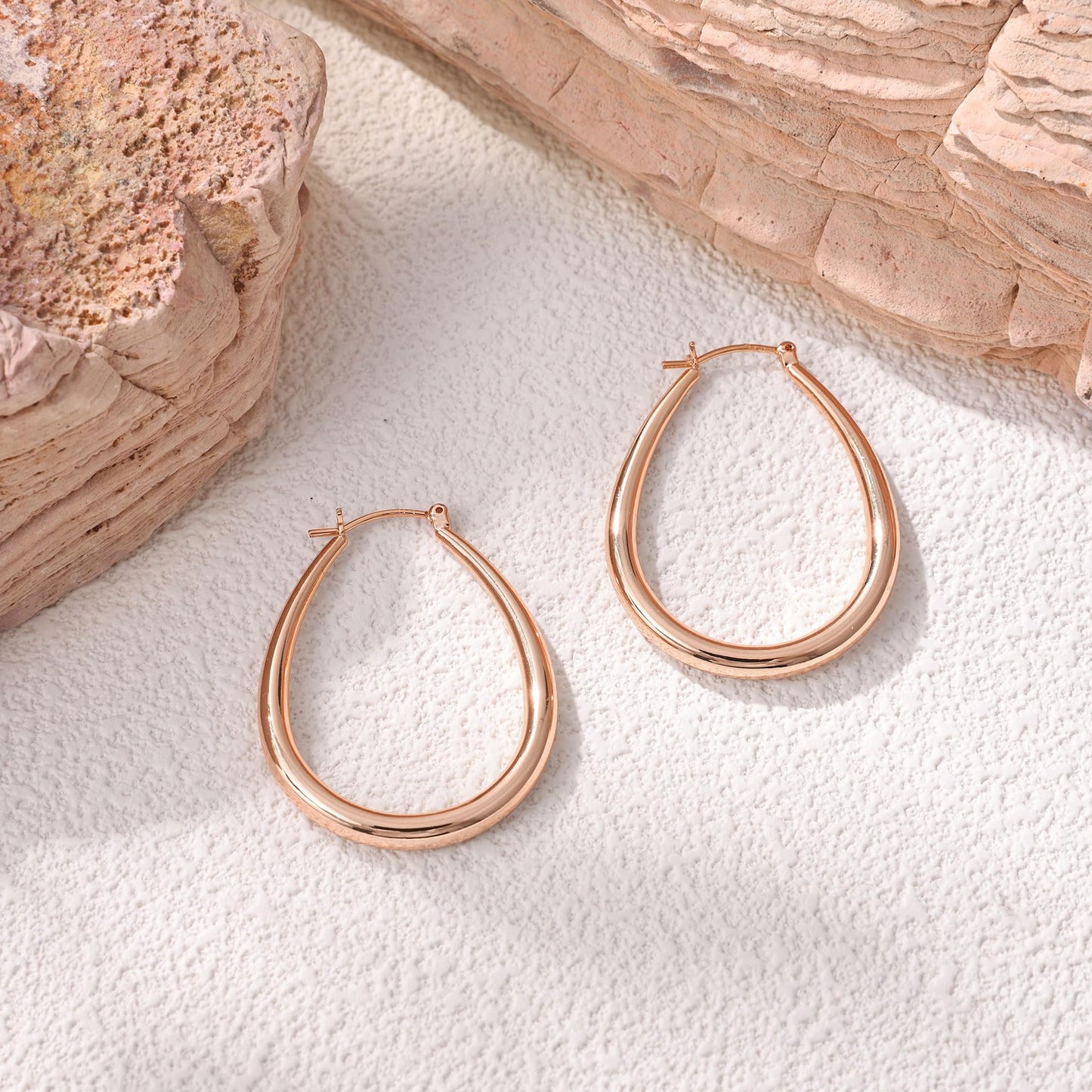 Gacimy Rose Gold Chunky Hoop Earrings for Women, 14K Rose Gold Plated Oval Hoop Medium Earrings with 925 Sterling Silver Post, 4