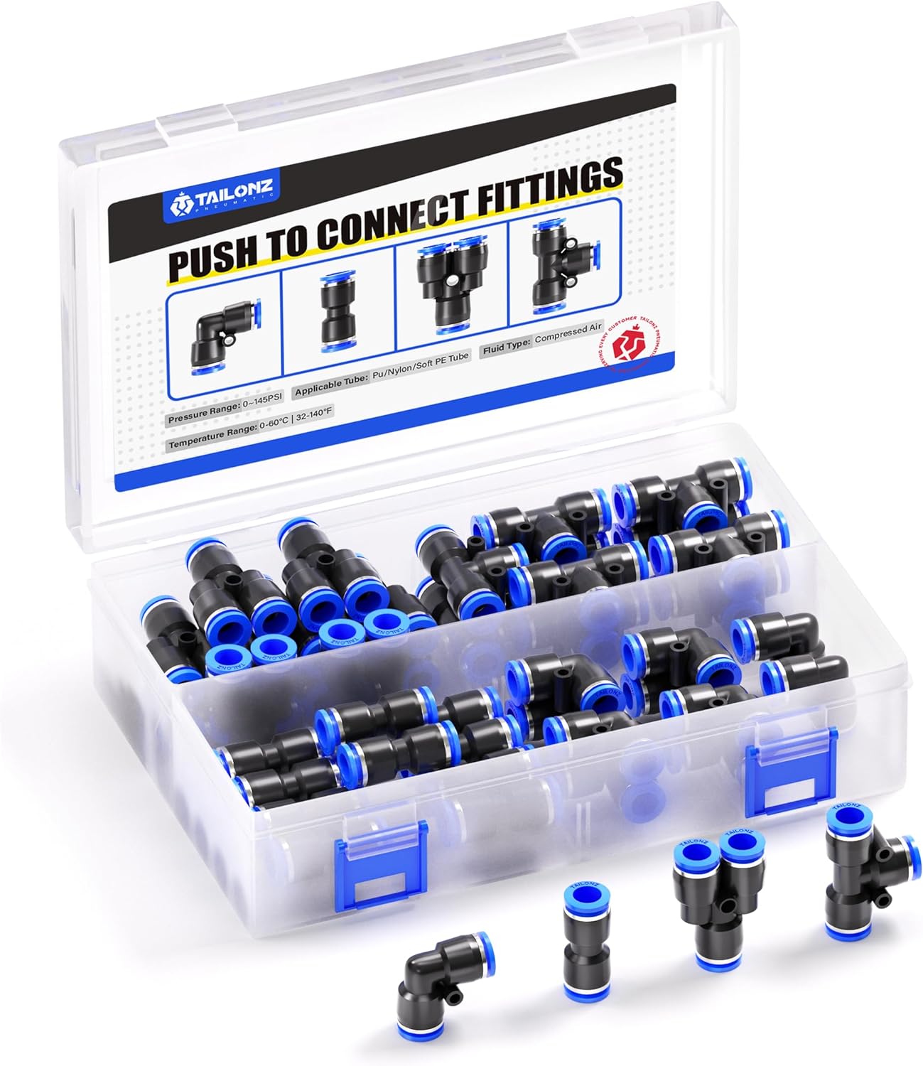 TAILONZ PNEUMATIC 5/16 Inch od Push to Connect Fittings Pneumatic Fittings Kit 10 Spliters+10 Elbows+10 tee+10 Straight(40 pcs)