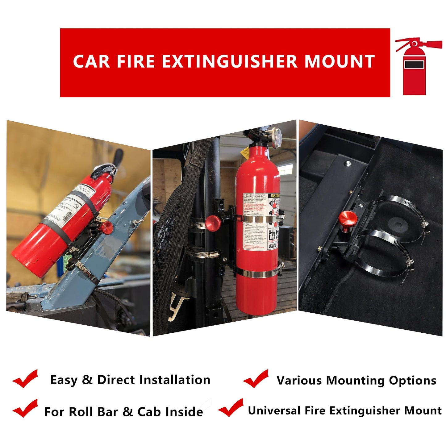 Quick Release Fire Extinguisher Mount - Aluminum Adjustable UTV Roll Bar Fire Extinguisher Holder Mounting Bracket Compatible with Jeep Wrangler TJ JK JL JKU Polaris RZR Ranger Can-Am X3, Red
