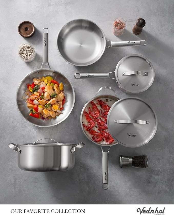 Stainless Steel Cookware Set, 14 Pcs Tir-Ply Pots and Pans Set, PFOA&PTFE Free, Dishwasher&Oven Safe, Kitchen Induction Compatible, ollas de acero inoxidable para cocinar