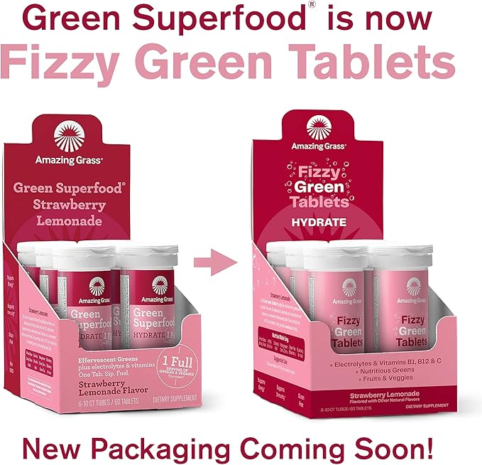Amazing Grass Electrolyte Tablets, Fizzy Greens Water Flavoring Tablet with Vitamins, Hydrate Strawberry Lemonade, 10 Count (Pack of 6) (Packaging May Vary)