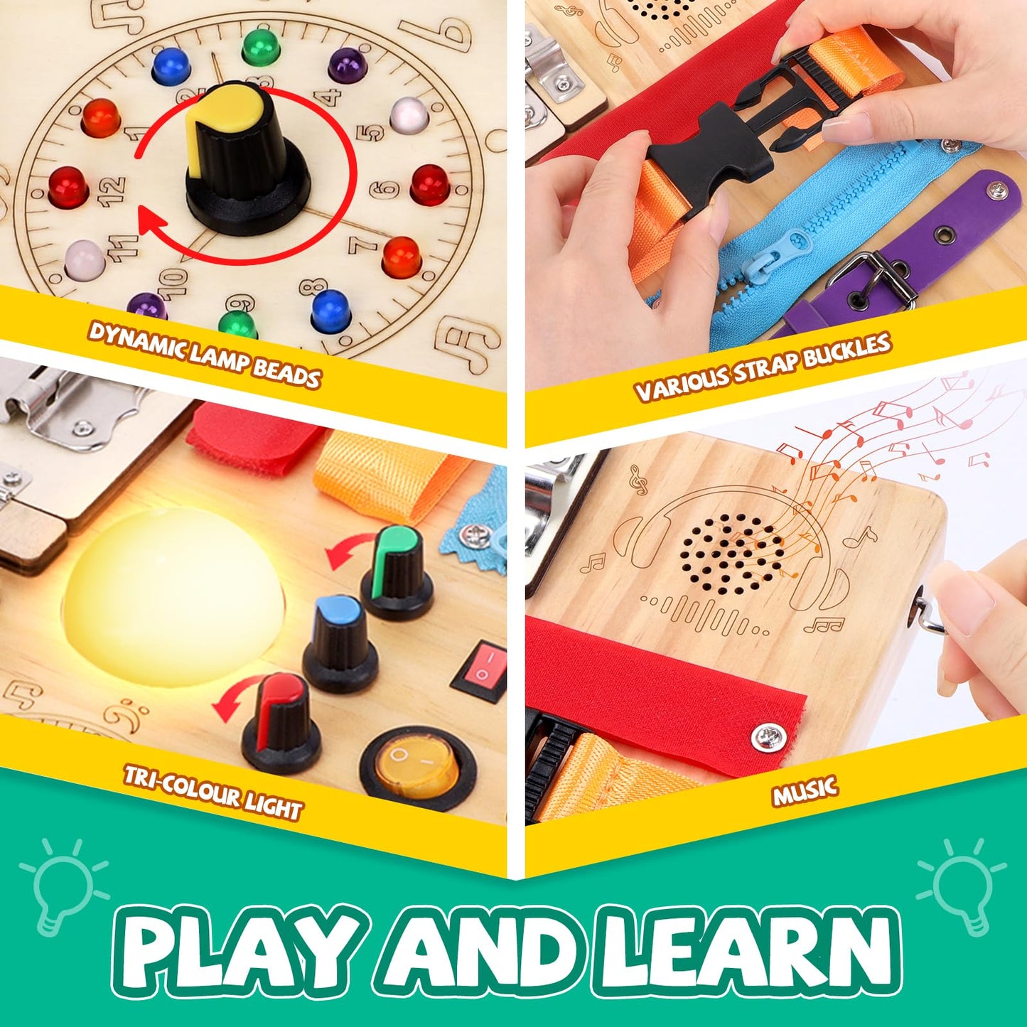 Iabedi Busy Board,Montessori Toys for 1-3 Years Old, Wooden Toddler Toys, Autism Sensory Travel Toy, Ideal Gift for 1+ Year Old Boys (Busy Board Plus v3)