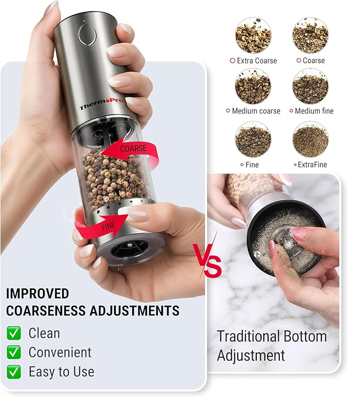 ThermoPro 100ml Electric Salt and Pepper Grinder Set Rechargeable, Automatic Pepper Grinder Shakers with External Adjustment, Refillable Pepper Mill Set with Dust Cover & LED, Stainless Steel 2-Pack