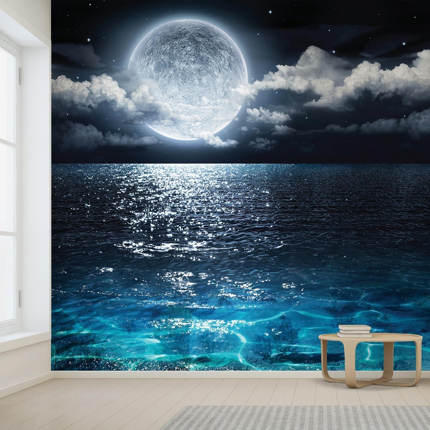 wall26 Wall Sticker/Wall Mural Sea Under Moonlight, Not Peel and Stick, Non-Woven Wallpaper Decorative for Bedroom, Living Room, Office - 99x96 inches
