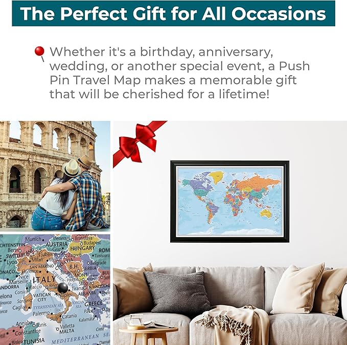 Personalized Canvas World Map Pin Board Wall Art with Pins – Large 24" x 36" Blue Oceans Map of the World with Black Frame – Push Pin Travel Decor for Home or Office