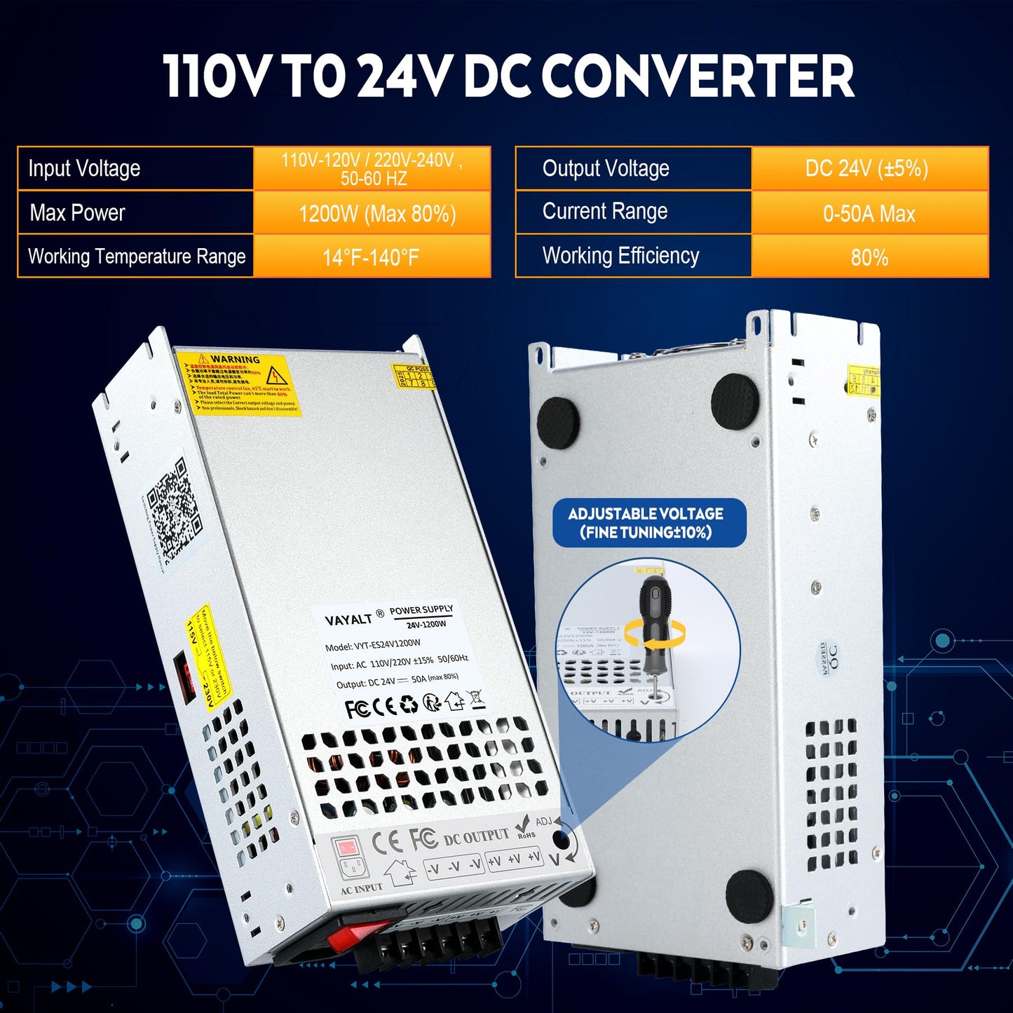 VAYALT 24V 50A 1200W DC Switching Power Supply, Universal Regulated Switching AC 110V/220V to DC 24V Transformer, Power Supply for Industrial, CCTV, Computer Project, LED Strip Light (No Power Cord)