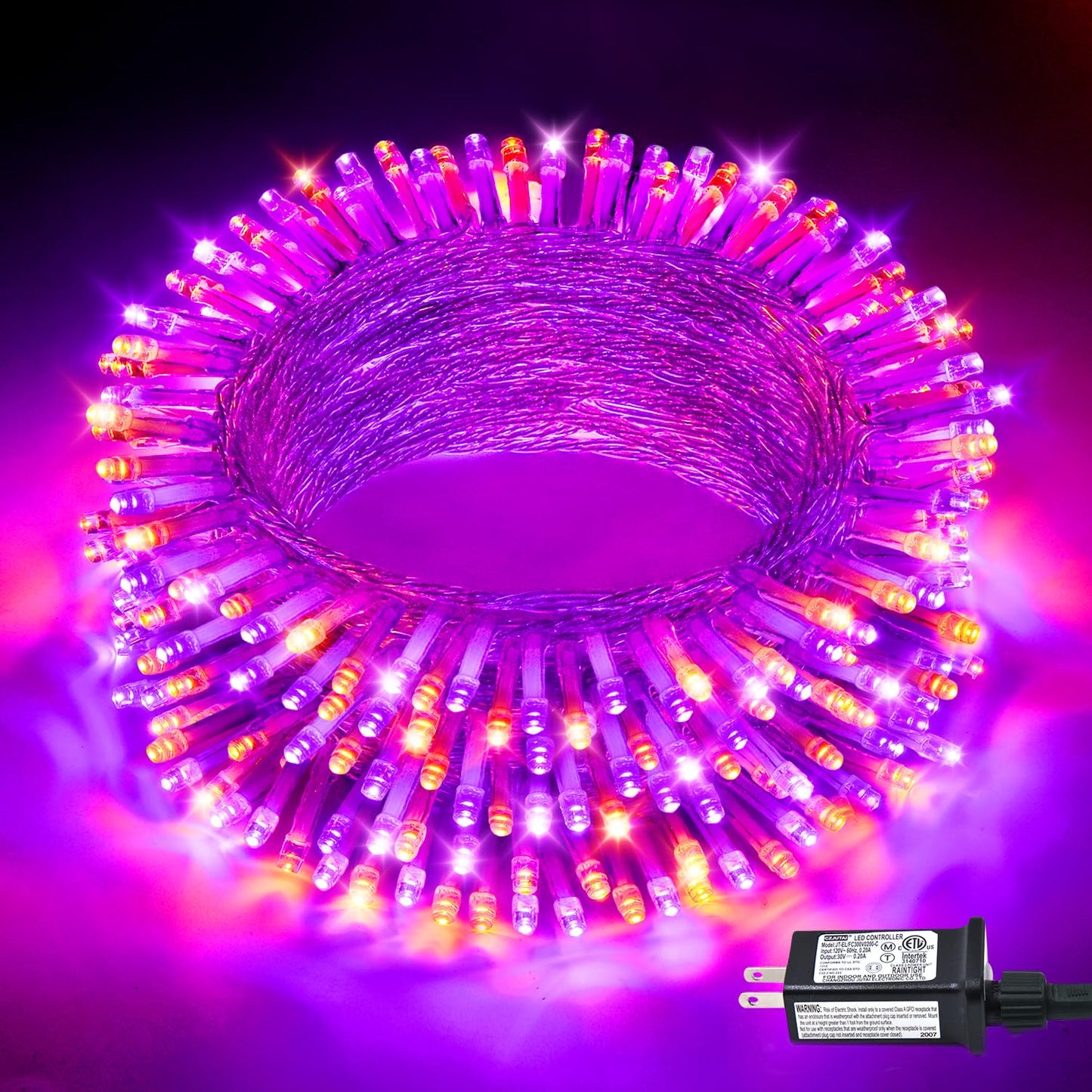 Jmexsuss 33Ft 100 Led Halloween String Lights, Orange & Purple, Waterproof, 8 Modes, Clear Wire, Model Exs-S-0100