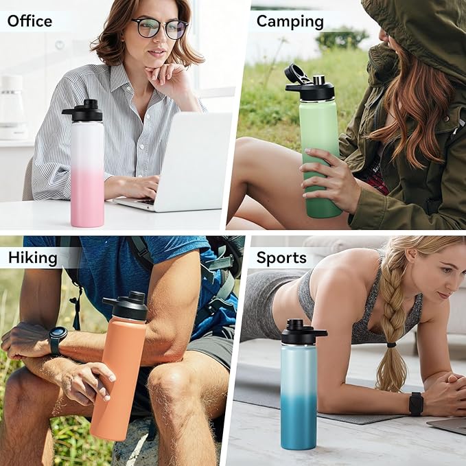 24 oz Insulated Water Bottle with Handle, 310 Stainless Steel Water Bottles with Wide Mouth, Double Wall Vacuum Sports Water Bottle, BPA Free, Keep Cold and Hot, Strawberry Milk