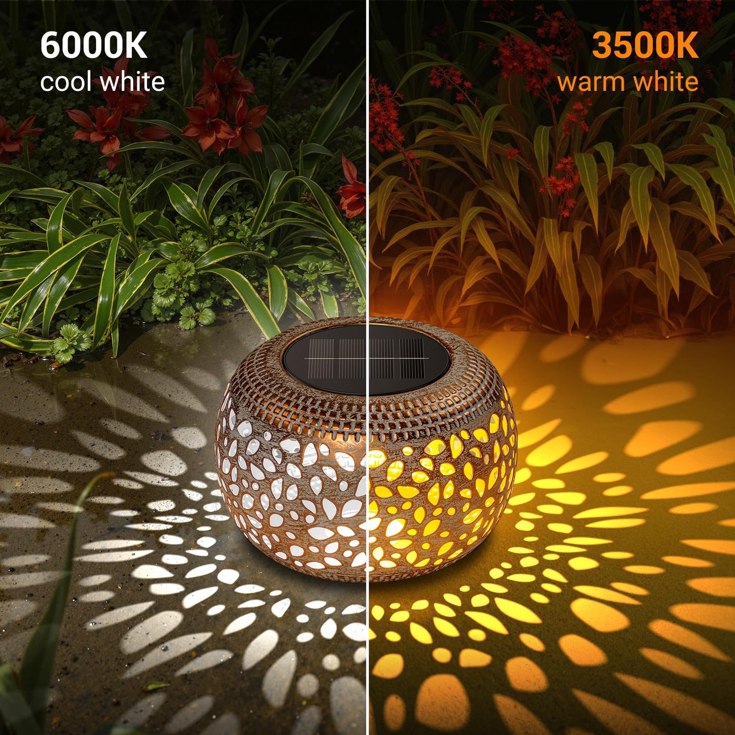 BONLION Solar Table Lanterns 2 Pack - Waterproof LED Lamps for Patio, White Hollow-Out Metal, Model TLL004