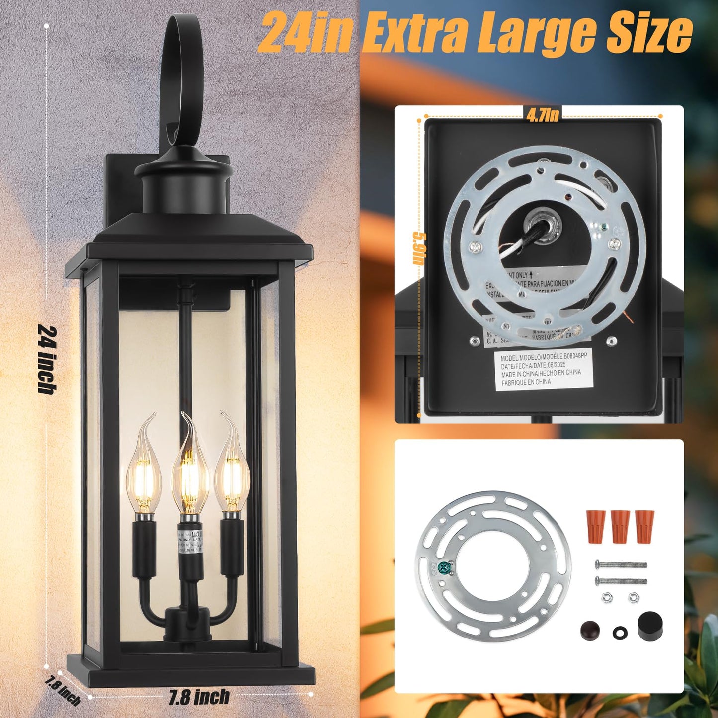 Siafavoi Large Outdoor Wall Light Fixture: 24In Black 3-Light Modern Porch Lantern  Waterproof Exterior Lighting Sconce Wall Mount  Outside Lamp For House Garage E12 Base