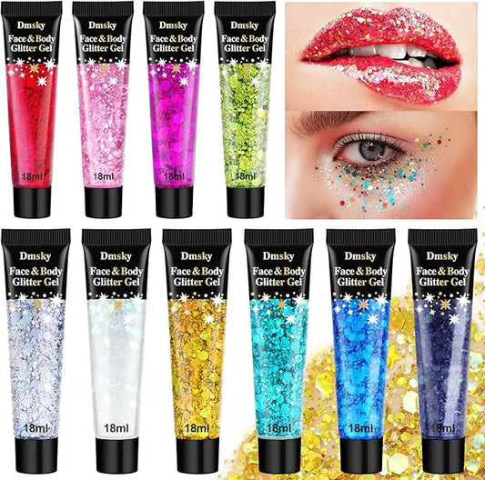 10 Colors Body Glitter,Face Glitter Makeup for Kids Women,Sparkly Chunky Hair Glitter for Eye Lip Hair Nails,Mardi Gras Gl...