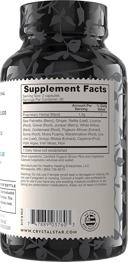 Crystal Star Prostate Support Saw Palmetto Supplements for Men (60 Capsules) – Bladder & Urine Health – Ginger & Pygeum - Non-GMO