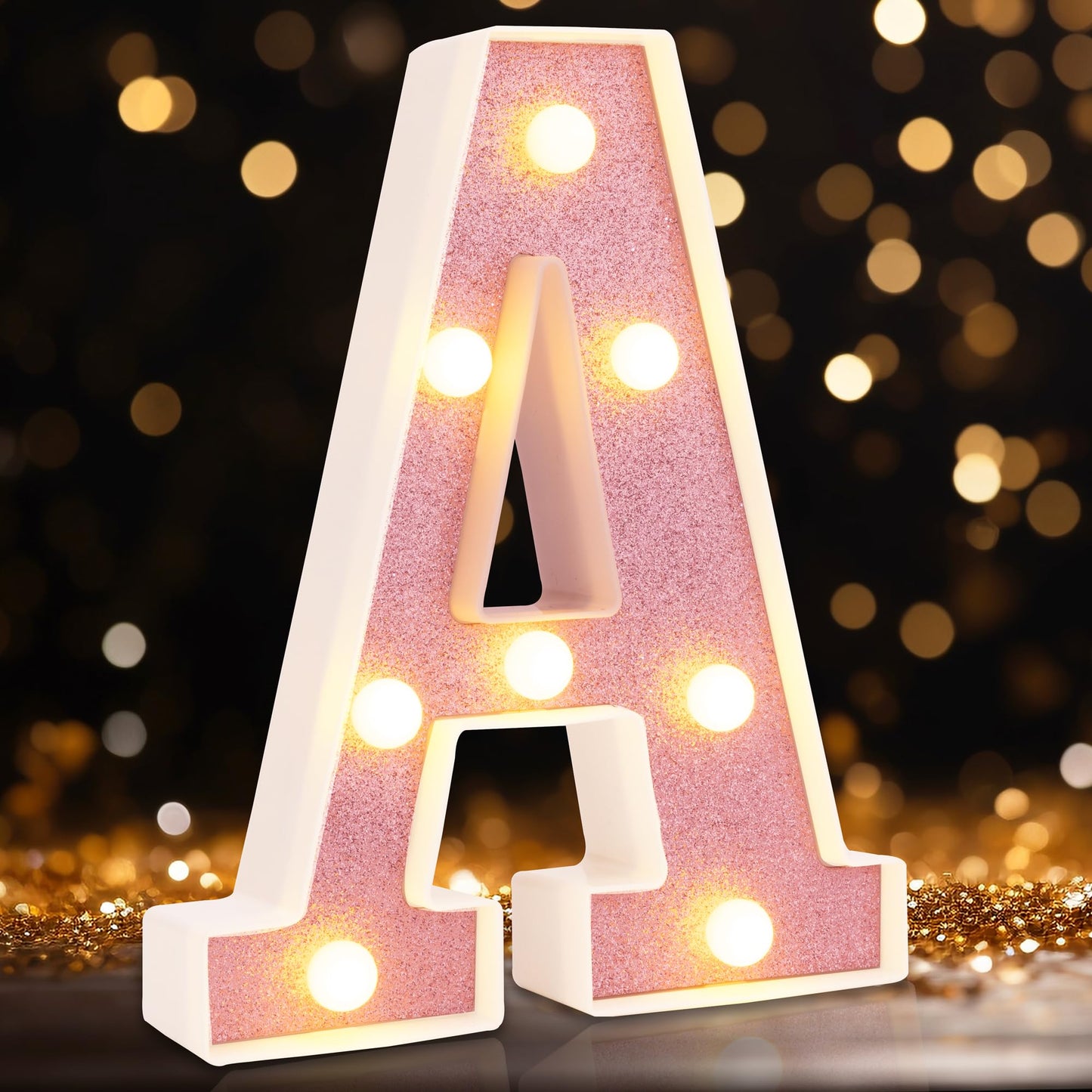 DyingSwan Small LED Marquee Letter A, 8.58 Inch Light Up Sign, Battery Powered, Pink Glitter Decor for Parties and Events