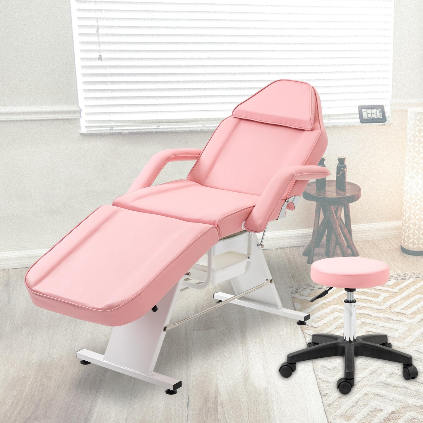 Massage Salon Tattoo Chair with Two Trays Esthetician Bed with Hydraulic Stool,Multi Purpose 3 Section Facial Bed Table, Adjustable Beauty Barber Spa Beauty Equipment, Pink