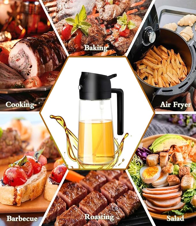 Oil Sprayer for Cooking 2 in 1 Olive Dispenser Bottle 16oz/470ml Kitchen Gadgets for Air Fryer, Salad, BBQ - Glass Mister Spray -Transparent Black