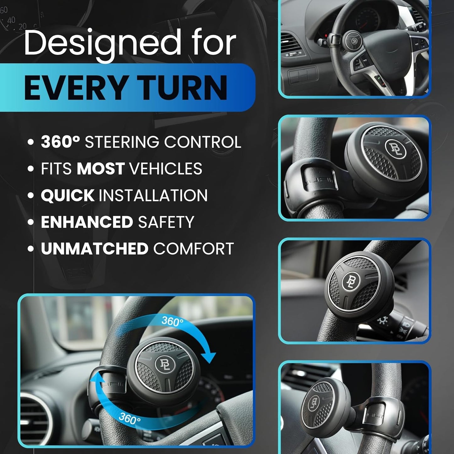 BL Steering Wheel Knob Spinner - Universal Non-Slip Fit, ABS & Premium Silicone Finish Suicide Knob with Metal Ball Bearing - Ideal for Cars, Trucks, Boats (Silicone Silver)