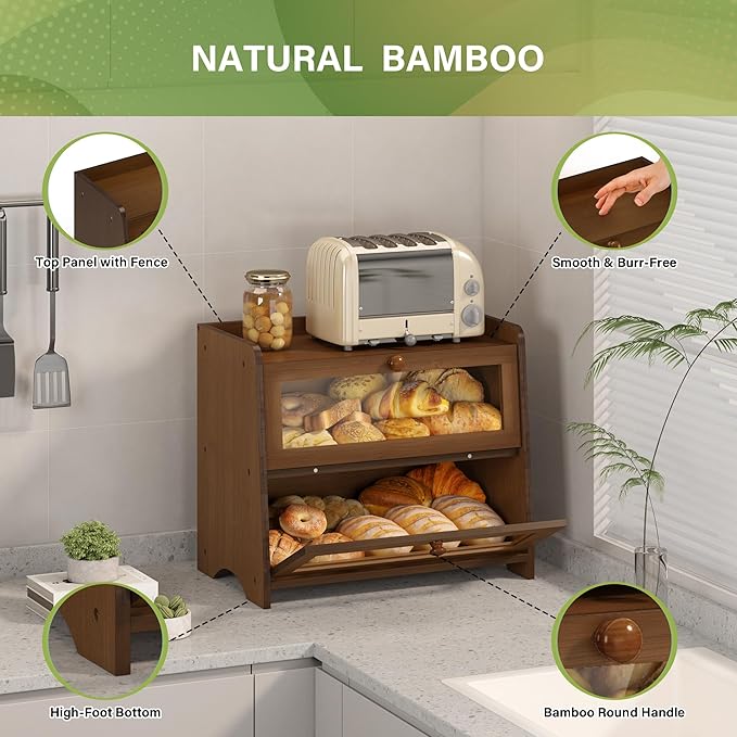 Vintage Double Layer Bread Box for Kitchen Countertop, Large Breadbox Bread Buddy with Acrylic Door, Wooden Farmhouse Bread Holder (Brown)