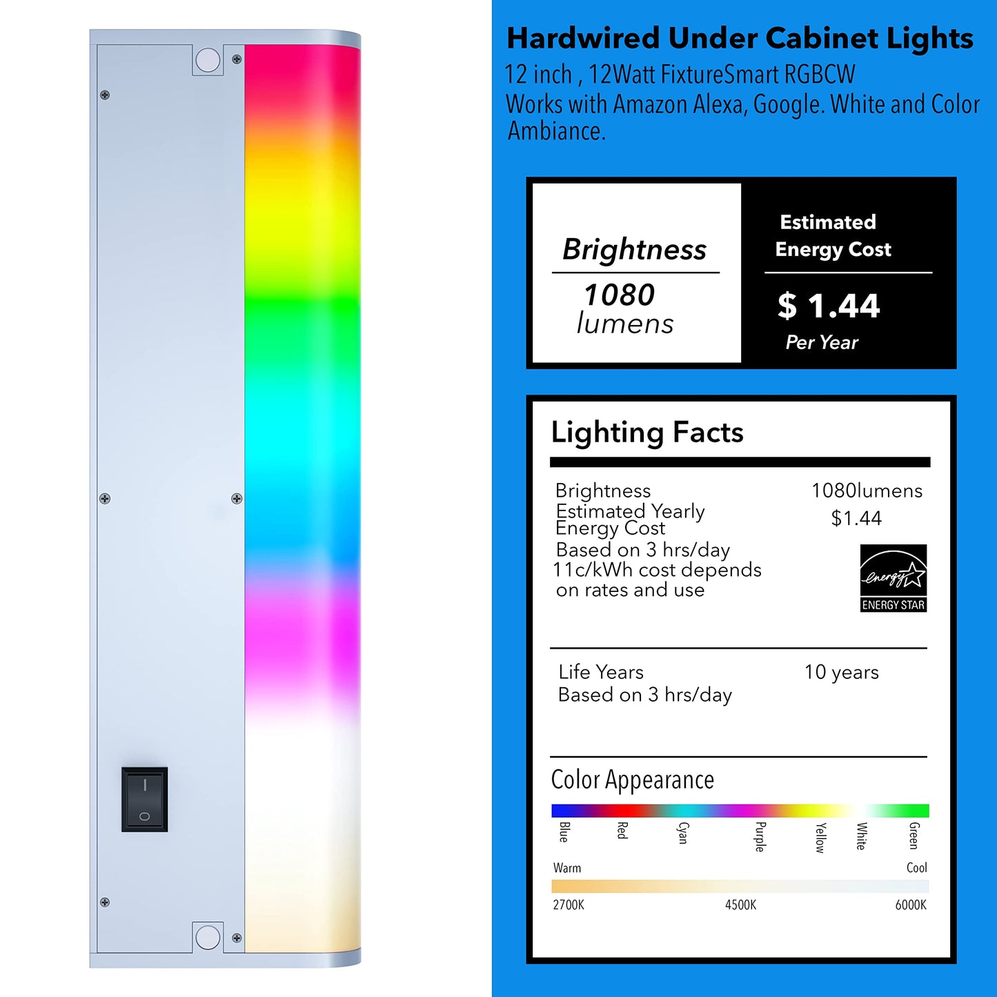 LAMPAOUS LED Smart Under Cabinet Lights, Dimmable RGBCW, 12 Inch, Hardwired or Plug-in, Remote Control, Compatible with Alexa/Google