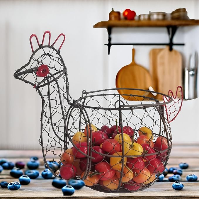 TAIANLE. Chicken Wire Egg Basket for Gathering Fresh Eggs Collecting Basket with Handle, Vintage Rooster Chicken Shaped Fruit Bowl for Home Farm Decor Organizer for Kitchen Countertop