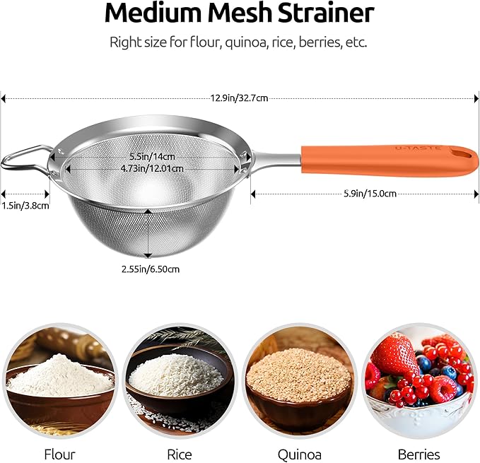 U-Taste Fine Mesh Food Strainer: 18/8 Stainless Steel 30 Mesh Kitchen Sieve with Sturdy Riveted Silicone Handle, Heavy Duty Deep Handheld Metal Colander (Small/3.35in+Medium/4.73, Orange)