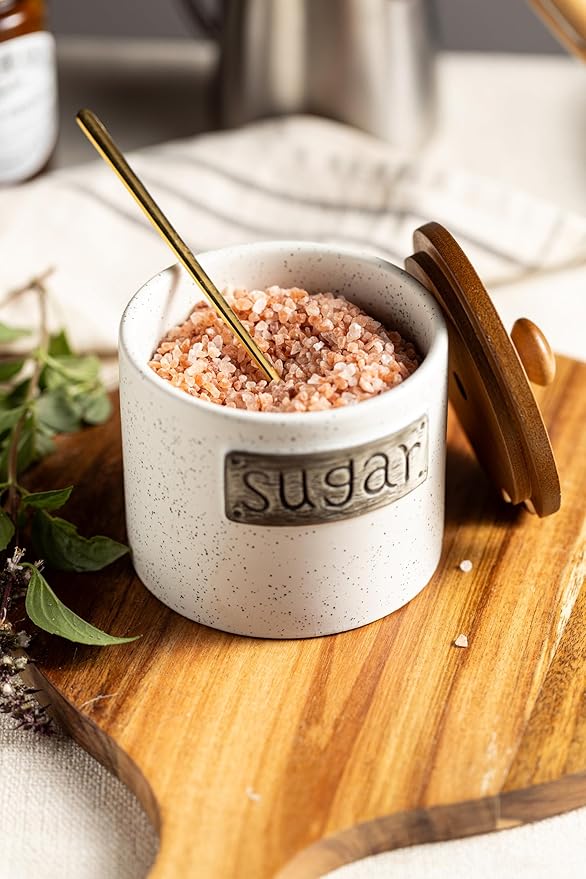 LYEOBOH Ceramic Sugar Bowl with Lid and Spoon, 15 OZ Sugar Holder for Coffee Bar Accessories, Sugar Jar for Countertop, Azucarera Farmhouse Home and Kitchen, White