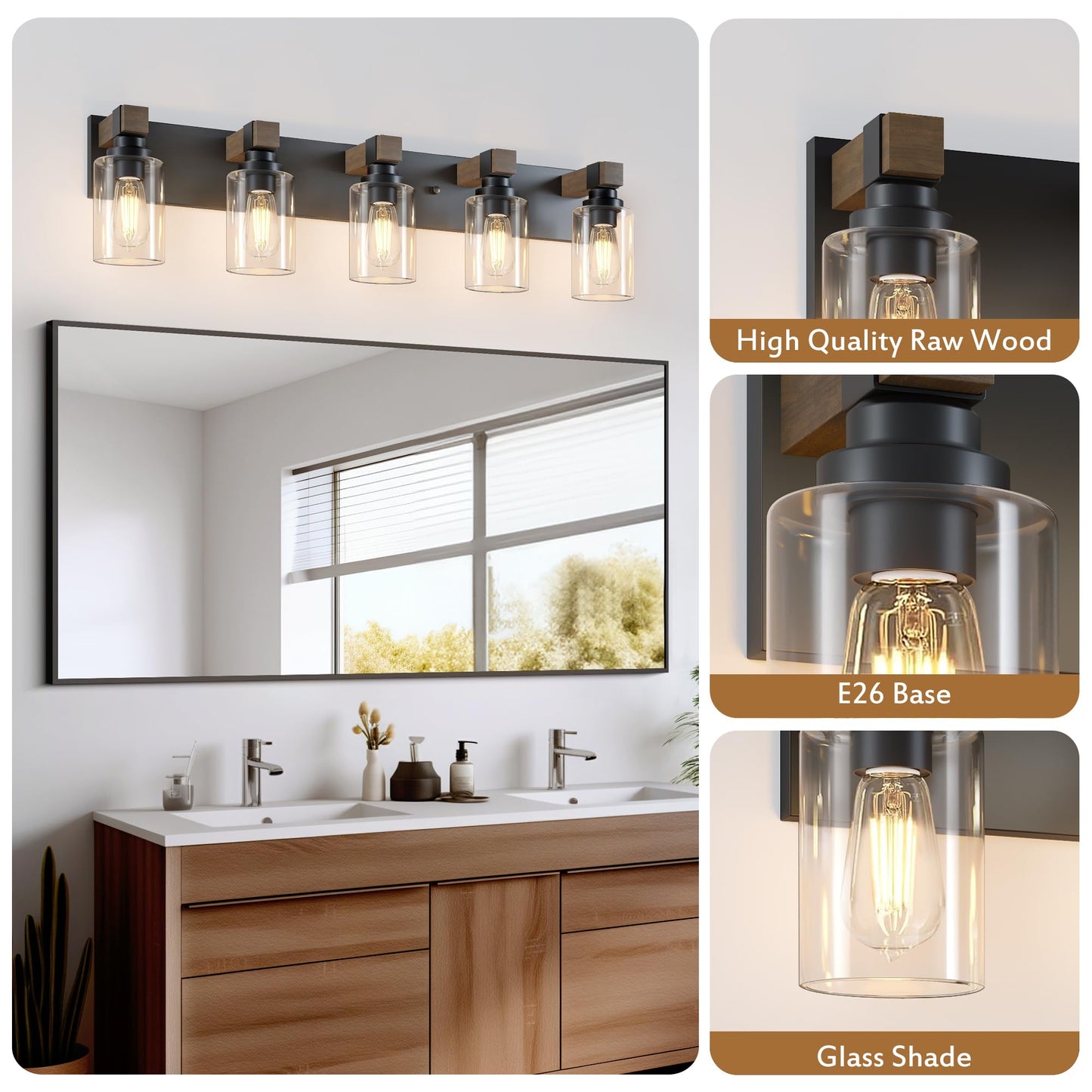 Farmhouse Bathroom Vanity Light Fixtures  Rustic 5-Light Wood Vanity Lights For Bathroom  Vintage Black Wall Sconces Lighting  Light Fixtures Over Mirror  With Glass Shade