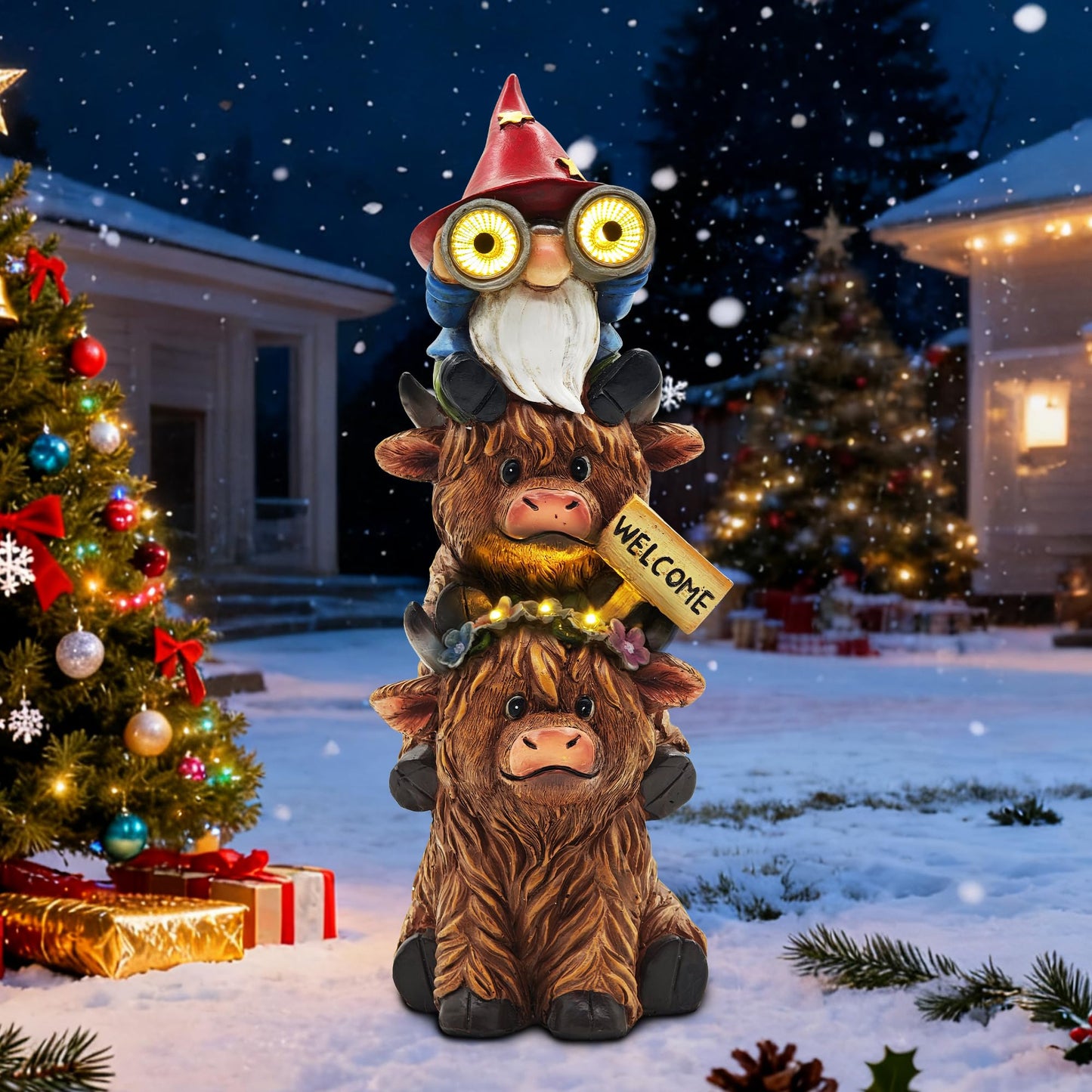 Cffownug Christmas Garden Gnomes Outdoor Statue: 11 Highland Cow Decor With Welcome Sign Funny Triple Yard Decorations With Solar Light Unique Birthday Gifts For Women Mother Grandma