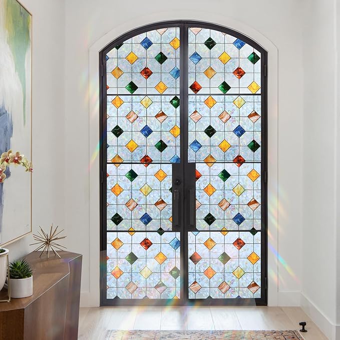 DKTIE Colorful Gem Lattice Pattern Decorative Window Privacy Film Rainbow Stained Glass Window Film Classroom Decor Renter Friendly Decor (S533, 17.7in X 118.1in)
