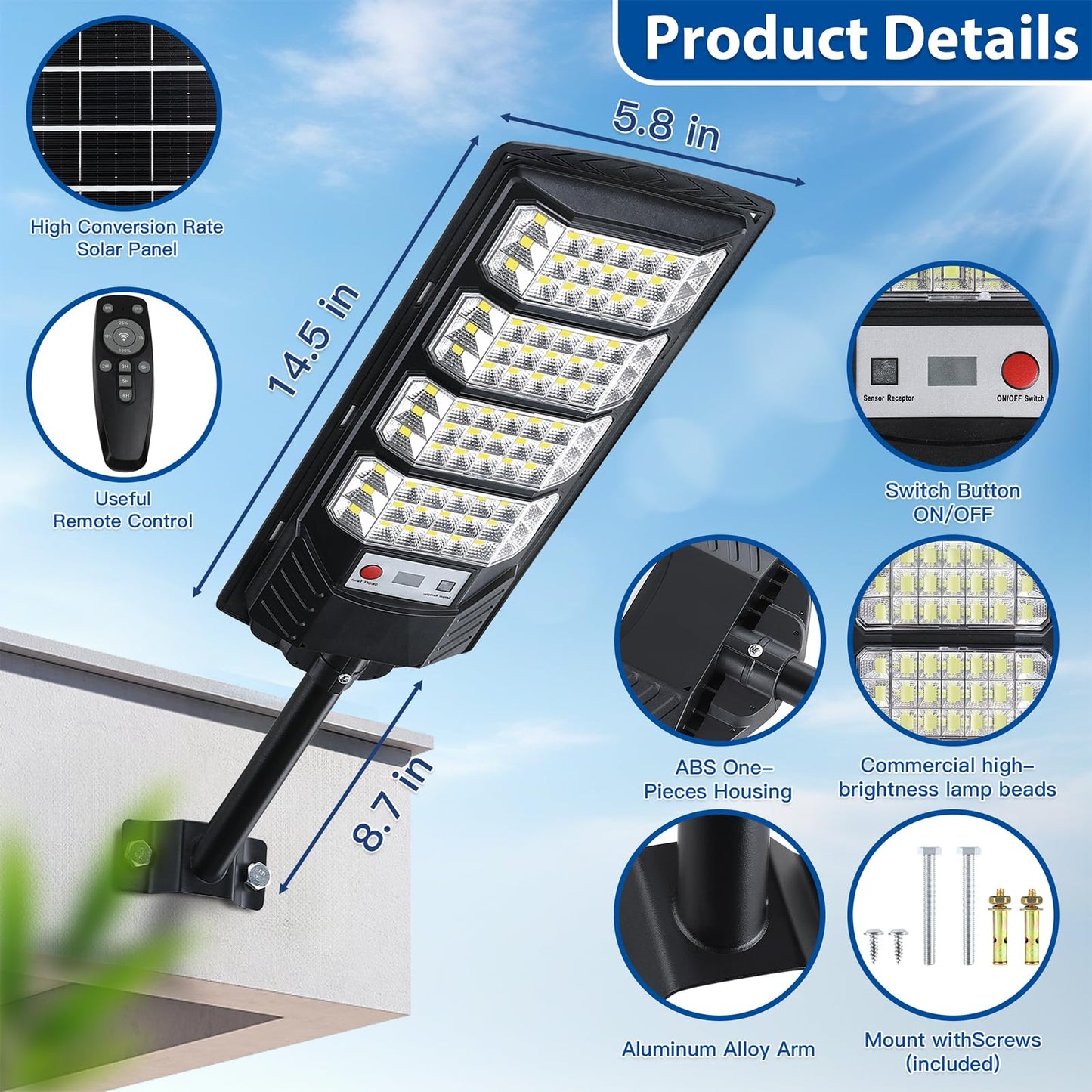 2 Pack Solar Street Lights Outdoor Waterproof  20000Lm 6500K Led Solar Motion Sensor Light Outdoor  Dusk To Dawn Flood Lights Remote Control  Commercial Area Parking Lot Light