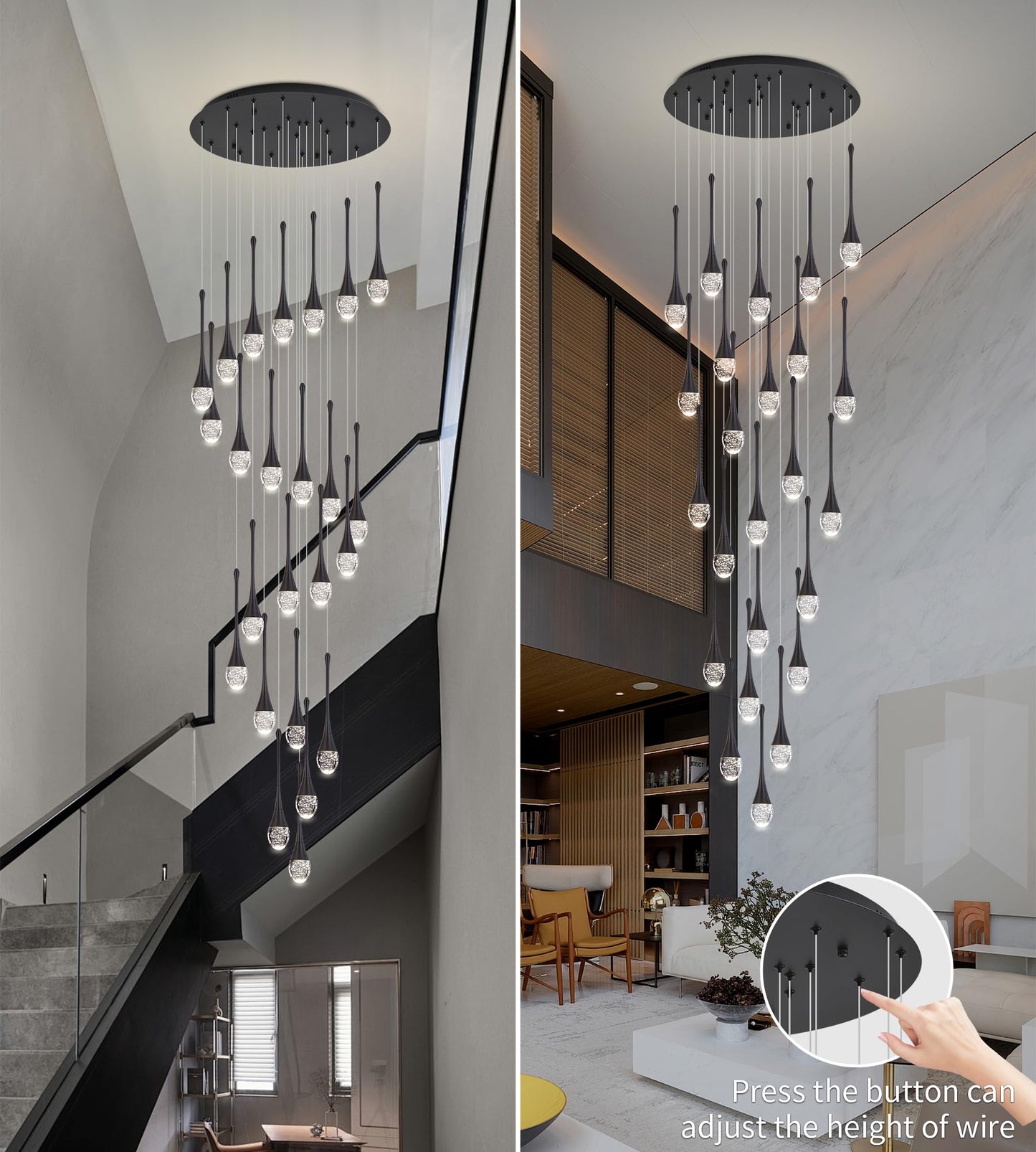 Upfelw Modern Crystal Staircase Chandelier Polished Black 24-Lights  H138 Large High Ceiling Spiral Dimmable Led Raindrop Foyer Entryway Light Fixture Remote Control