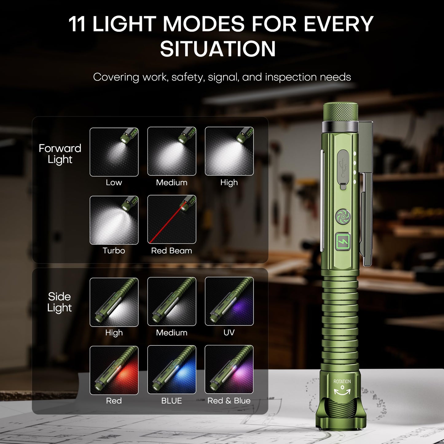 PASIION EDC Pen Flashlight, 800 Lumen, 11 Modes, USB-C, Magnetic Clip, Large, Green, Model FL03P