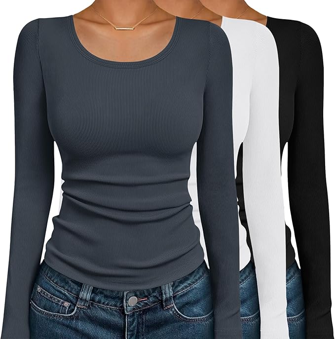 Ekouaer Womens Long Sleeve Shirts 3 Packs Scoop Neck Ribbed Tops Fitted Thermal Undershirt Soft Layering Tees XS-XXL
