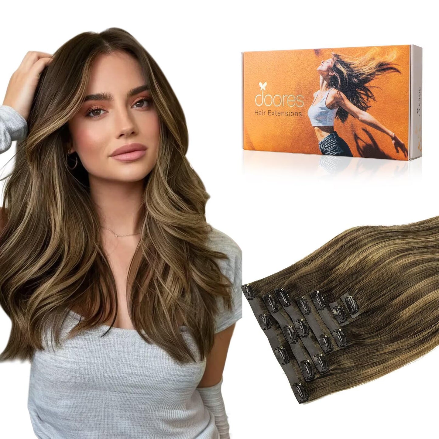 DOORES Clip in Hair Extensions, Chocolate Brown to Caramel Blonde 130gg 9pcs 14 Inch Virgin Straight Human Hair Extensions for W